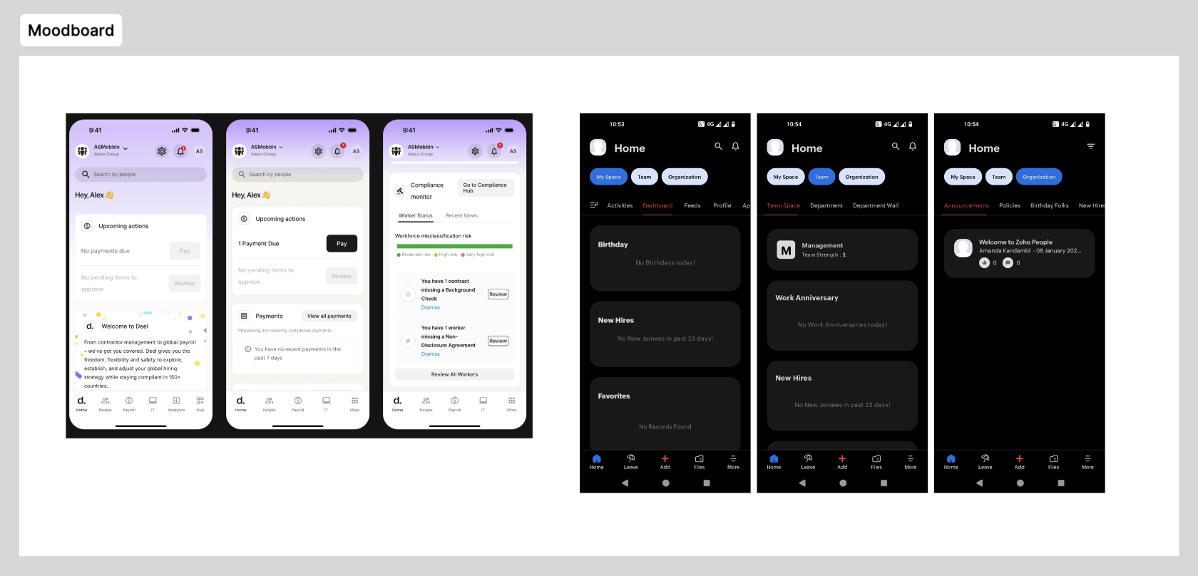 Mood board, mobile home pages from similar domain applications